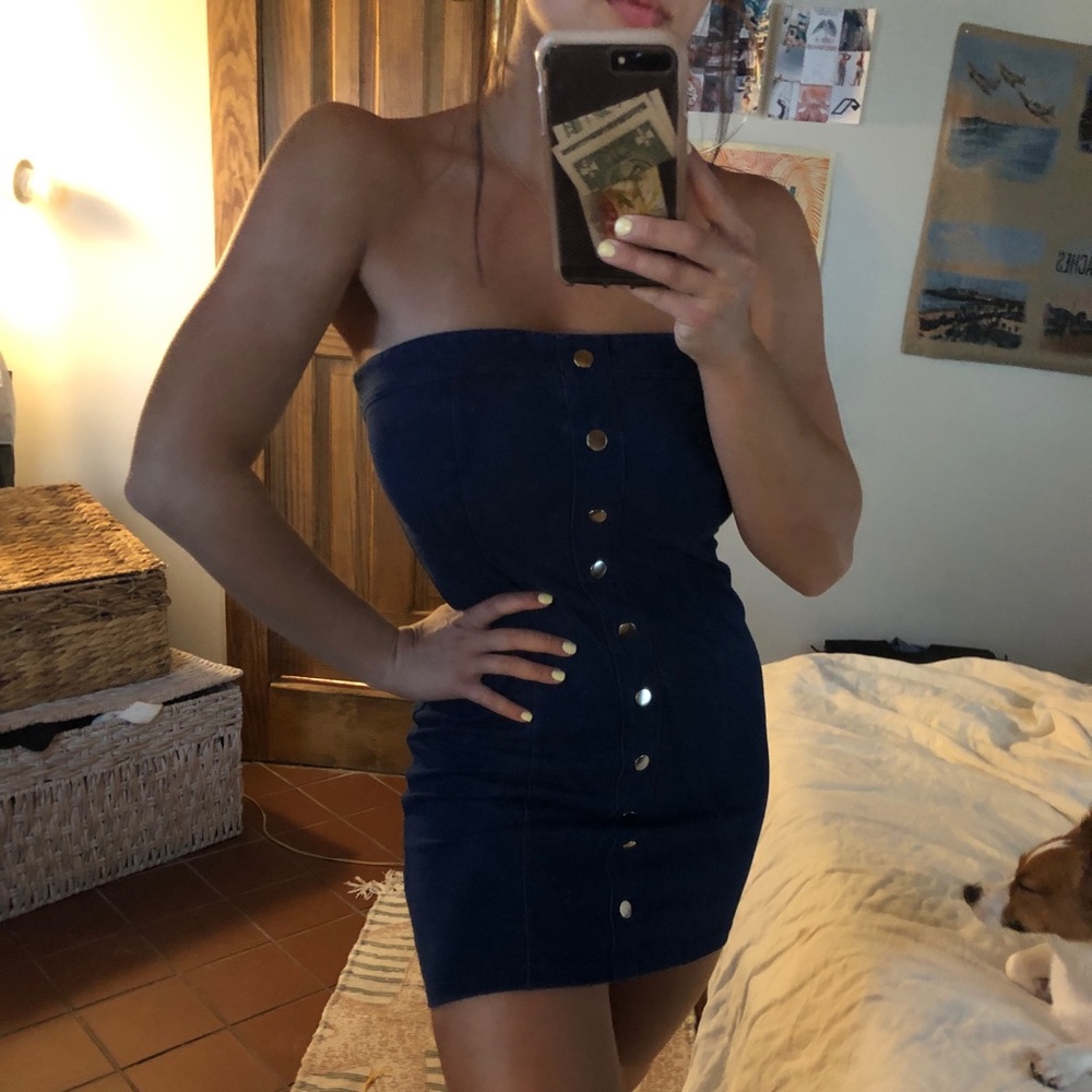 Strapless Denim Dress w/ Button Detailing
